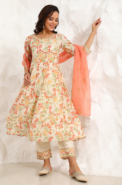 White Floral Printed Thread Embroidered Neck Chiffon Flared Kurta, Straight Pants And Dupatta Set - wforwoman