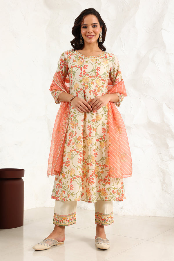 White Floral Printed Thread Embroidered Neck Chiffon Flared Kurta, Straight Pants And Dupatta Set