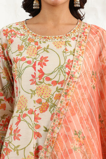 White Floral Printed Thread Embroidered Neck Chiffon Flared Kurta, Straight Pants And Dupatta Set - wforwoman