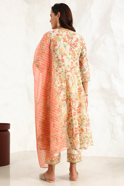 White Floral Printed Thread Embroidered Neck Chiffon Flared Kurta, Straight Pants And Dupatta Set - wforwoman