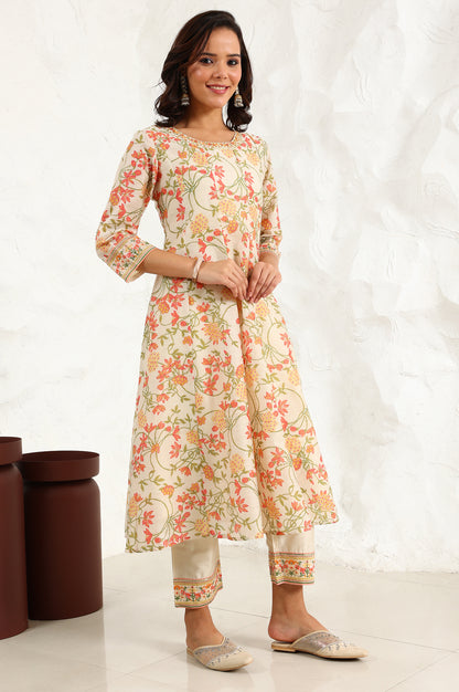 White Floral Printed Thread Embroidered Neck Chiffon Flared Kurta, Straight Pants And Dupatta Set - wforwoman