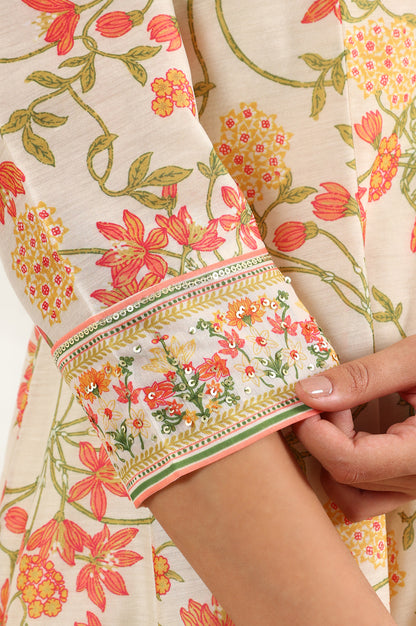 White Floral Printed Thread Embroidered Neck Chiffon Flared Kurta, Straight Pants And Dupatta Set - wforwoman