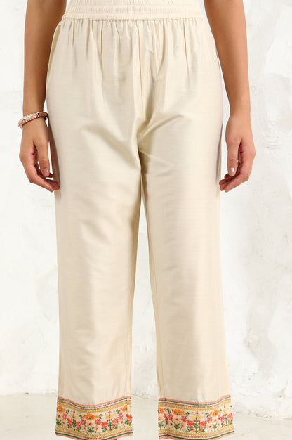 White Floral Printed Thread Embroidered Neck Chiffon Flared Kurta, Straight Pants And Dupatta Set