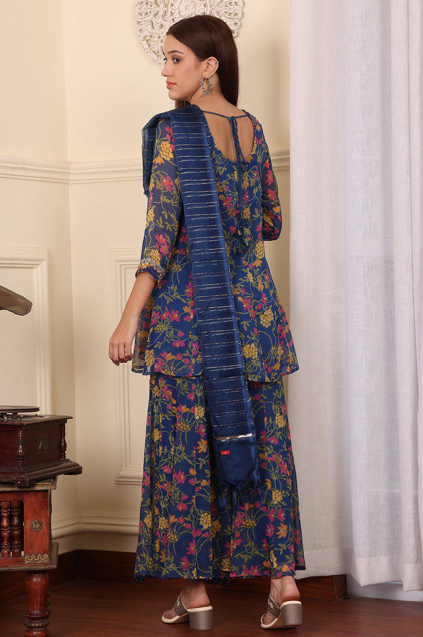 Navy Blue Floral Printed Embroidered Flared Short Kurta And Sharara Set With Dupatta