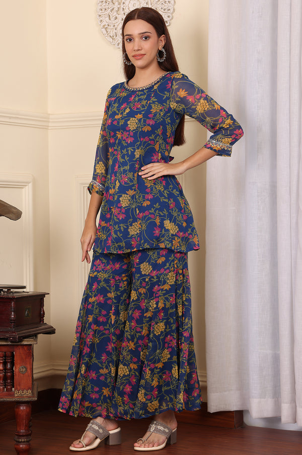 Navy Blue Floral Printed Embroidered Flared Short Kurta And Sharara Set With Dupatta