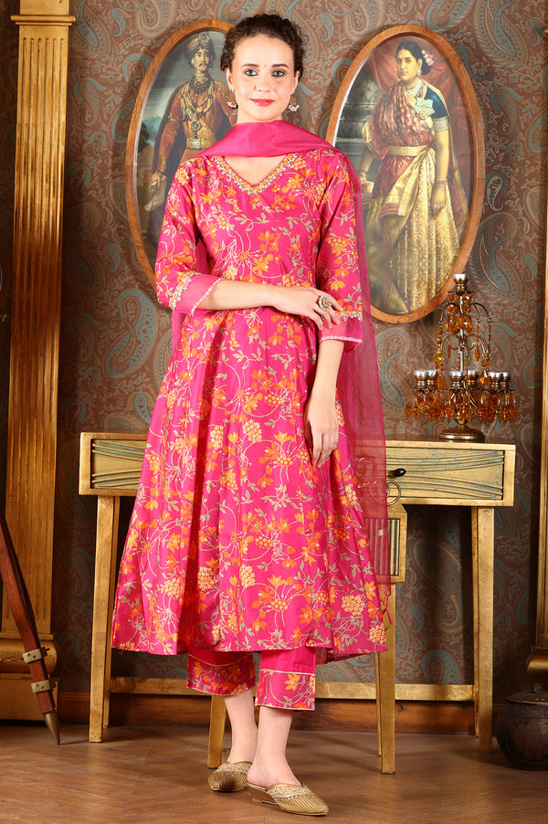 Magenta Pink Floral Printed Kalidar Flared Chanderi Kurta & Pants Set With Dupatta