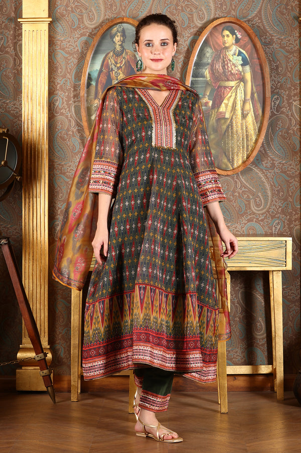 Green Ikkat Printed Embellished Organza Anarkali Kurta, Pants And Dupatta Set