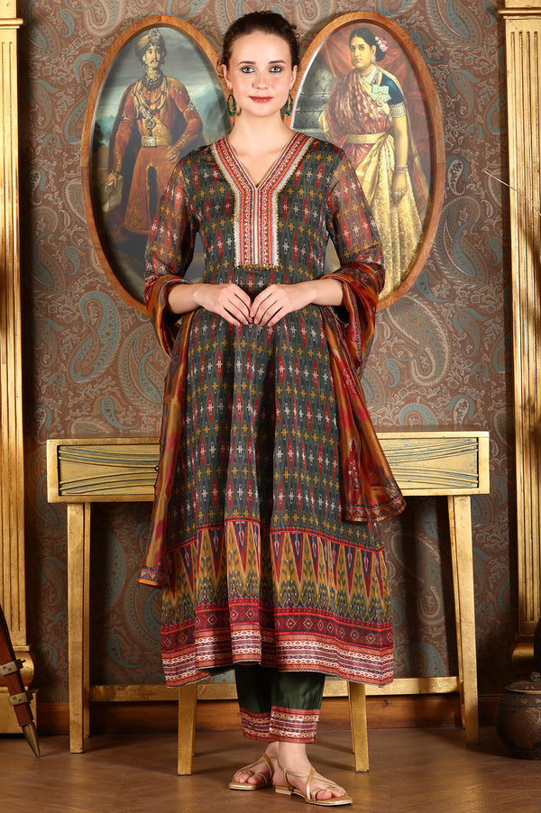 Green Ikkat Printed Embellished Organza Anarkali Kurta, Pants And Dupatta Set