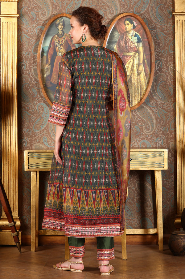 Green Ikkat Printed Embellished Organza Anarkali Kurta, Pants And Dupatta Set