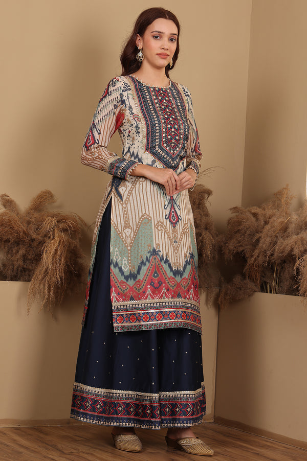 Multi-Coloured Printed Sequined Kota Kurta, Flared Culottes And Dupatta Set
