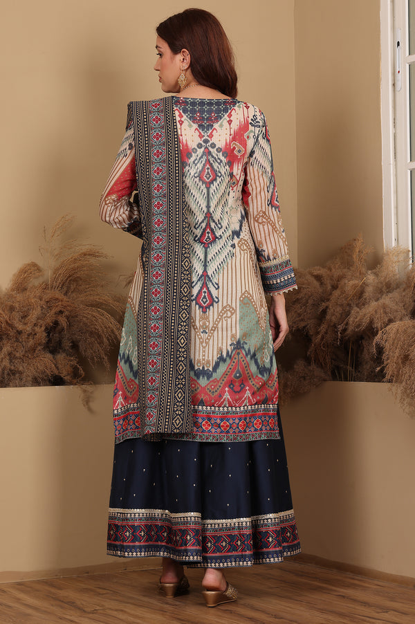 Multi-Coloured Printed Sequined Kota Kurta, Flared Culottes And Dupatta Set