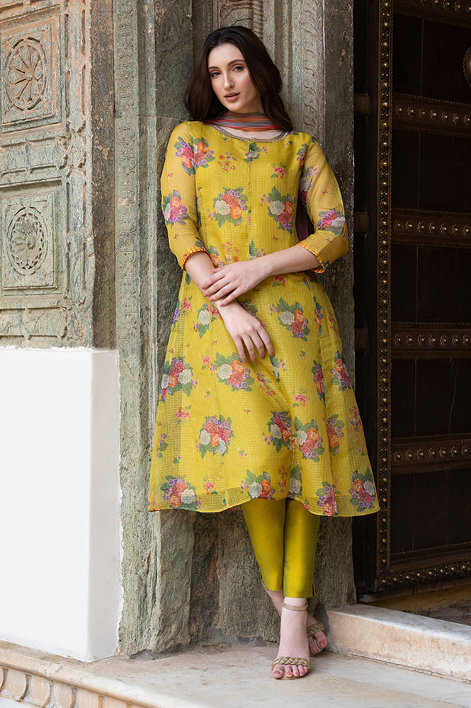 Celery Green Floral Printed Sequined Kota Flared Kurta, Slim Pants And Dupatta Set - S