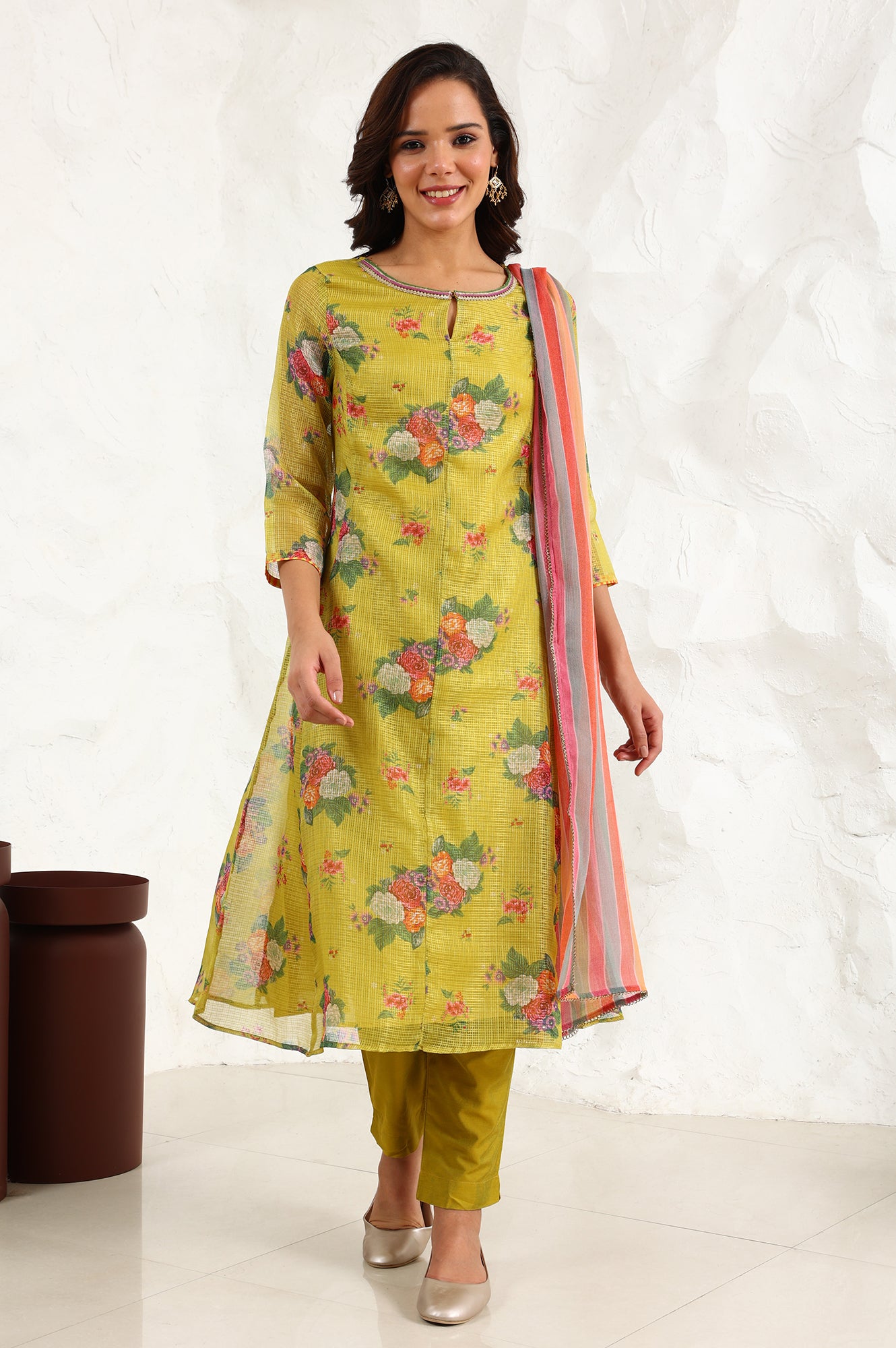 Celery Green Floral Printed Sequined Kota Flared Kurta, Slim Pants And Dupatta Set - wforwoman