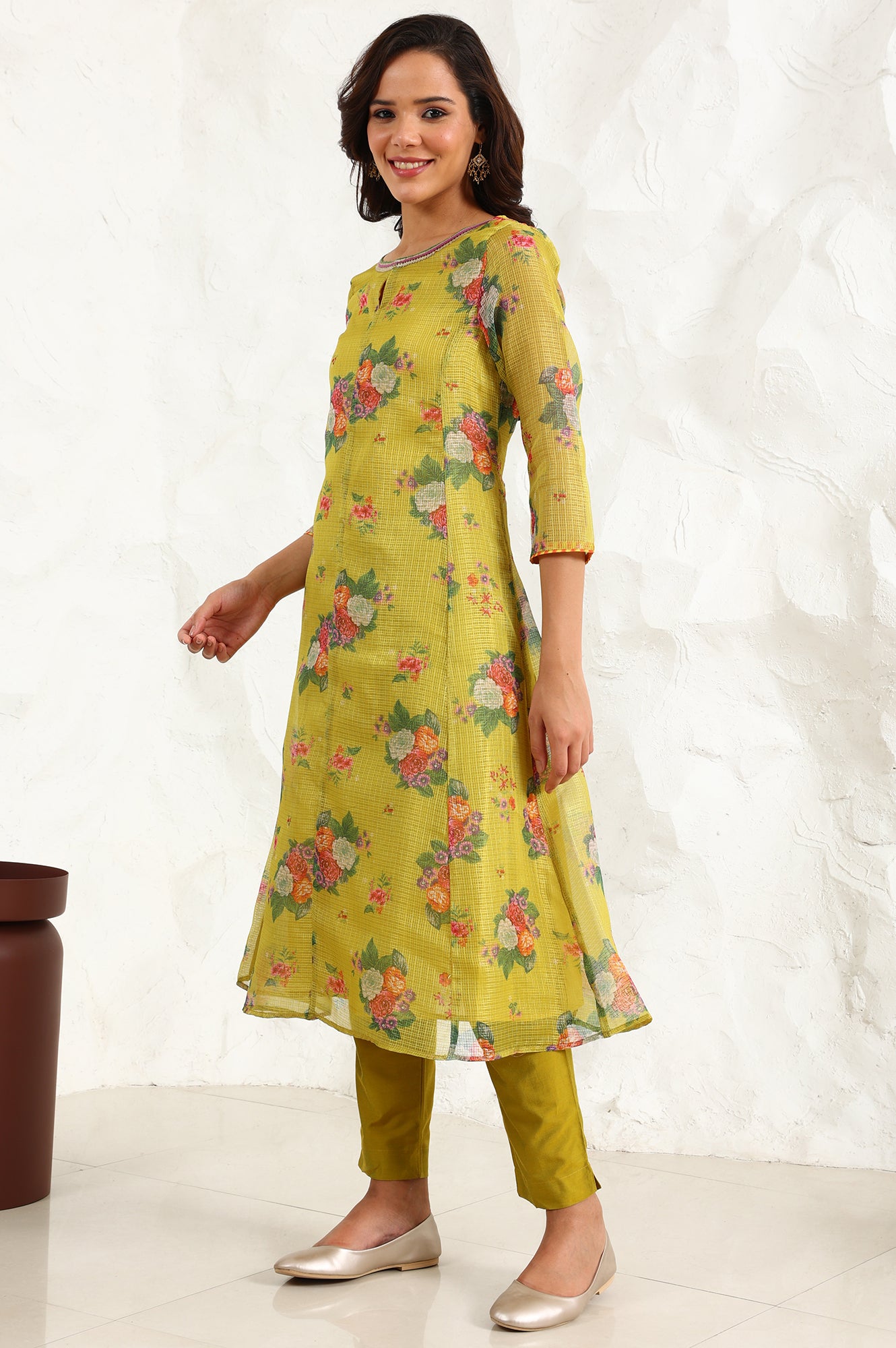 Celery Green Floral Printed Sequined Kota Flared Kurta, Slim Pants And Dupatta Set - wforwoman