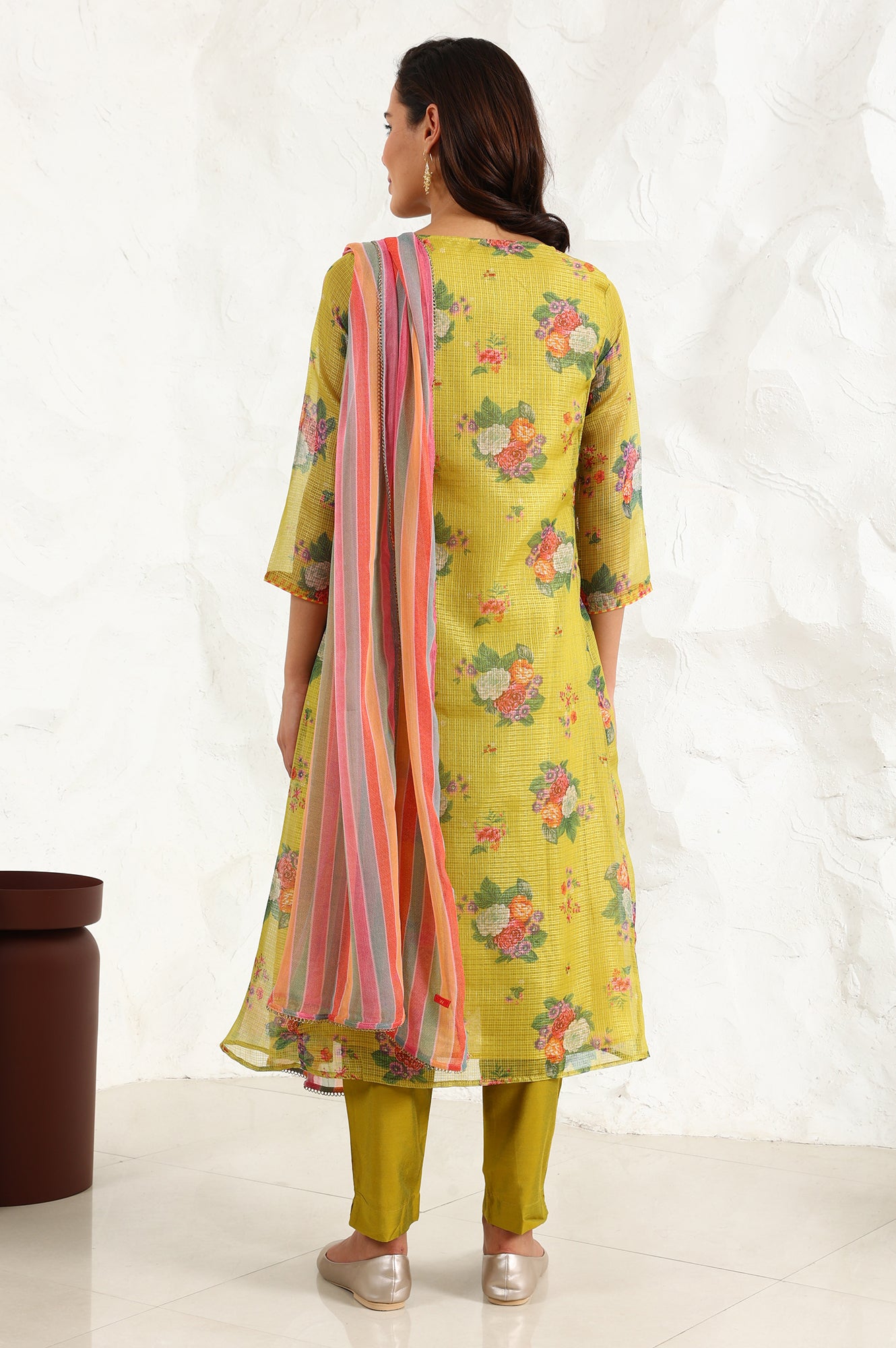 Celery Green Floral Printed Sequined Kota Flared Kurta, Slim Pants And Dupatta Set - wforwoman