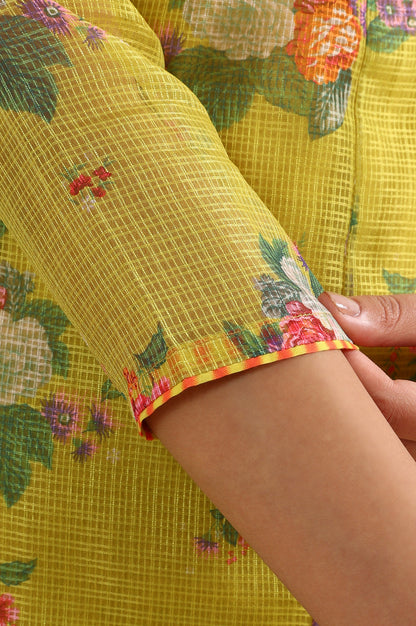 Celery Green Floral Printed Sequined Kota Flared Kurta, Slim Pants And Dupatta Set - wforwoman