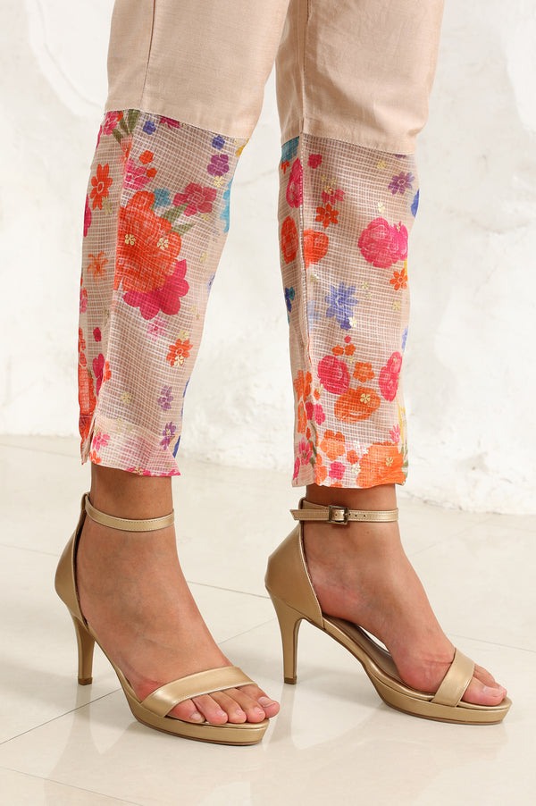 Cream Floral Printed Sequined Kota Flared Kurta, Pants And Dupatta Set