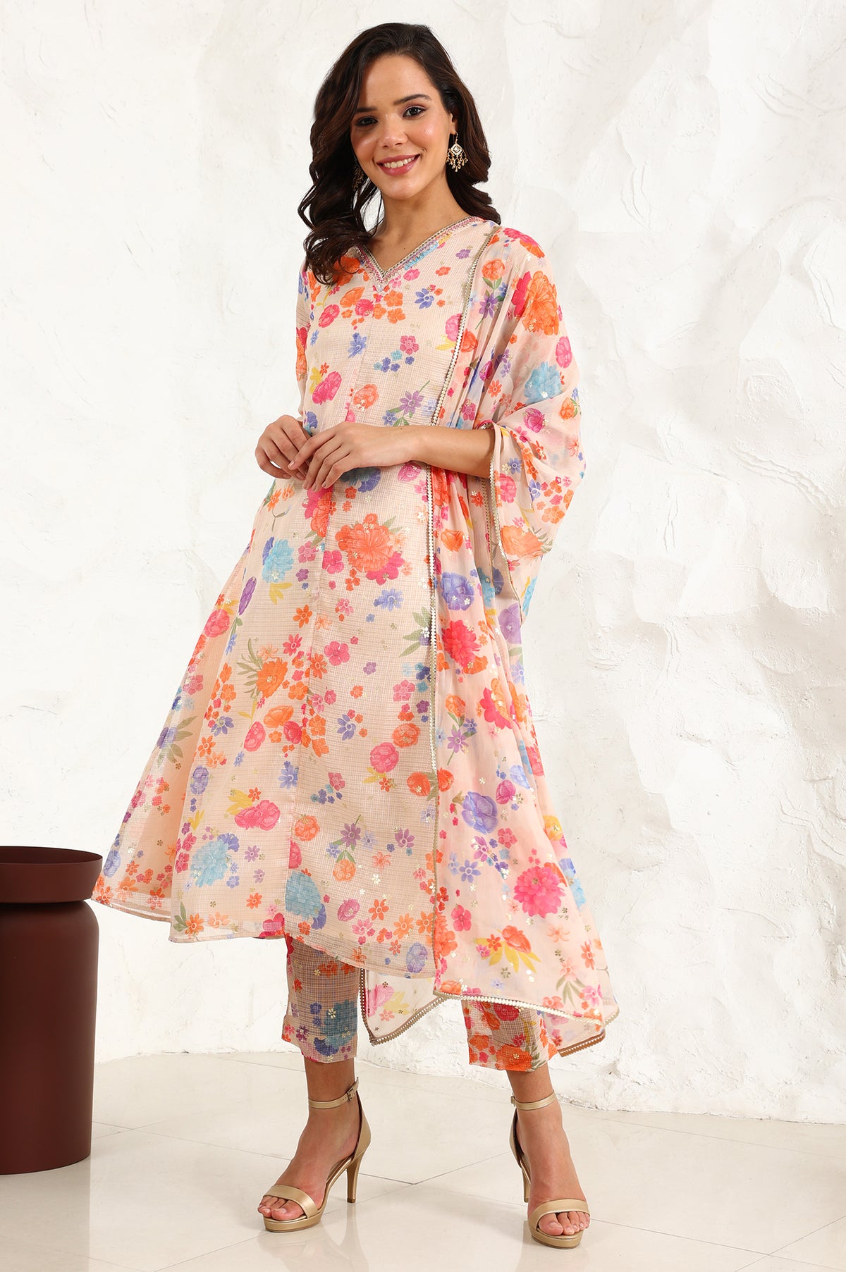 Cream Floral Printed Sequined Kota Flared Kurta, Pants And Dupatta Set - XS