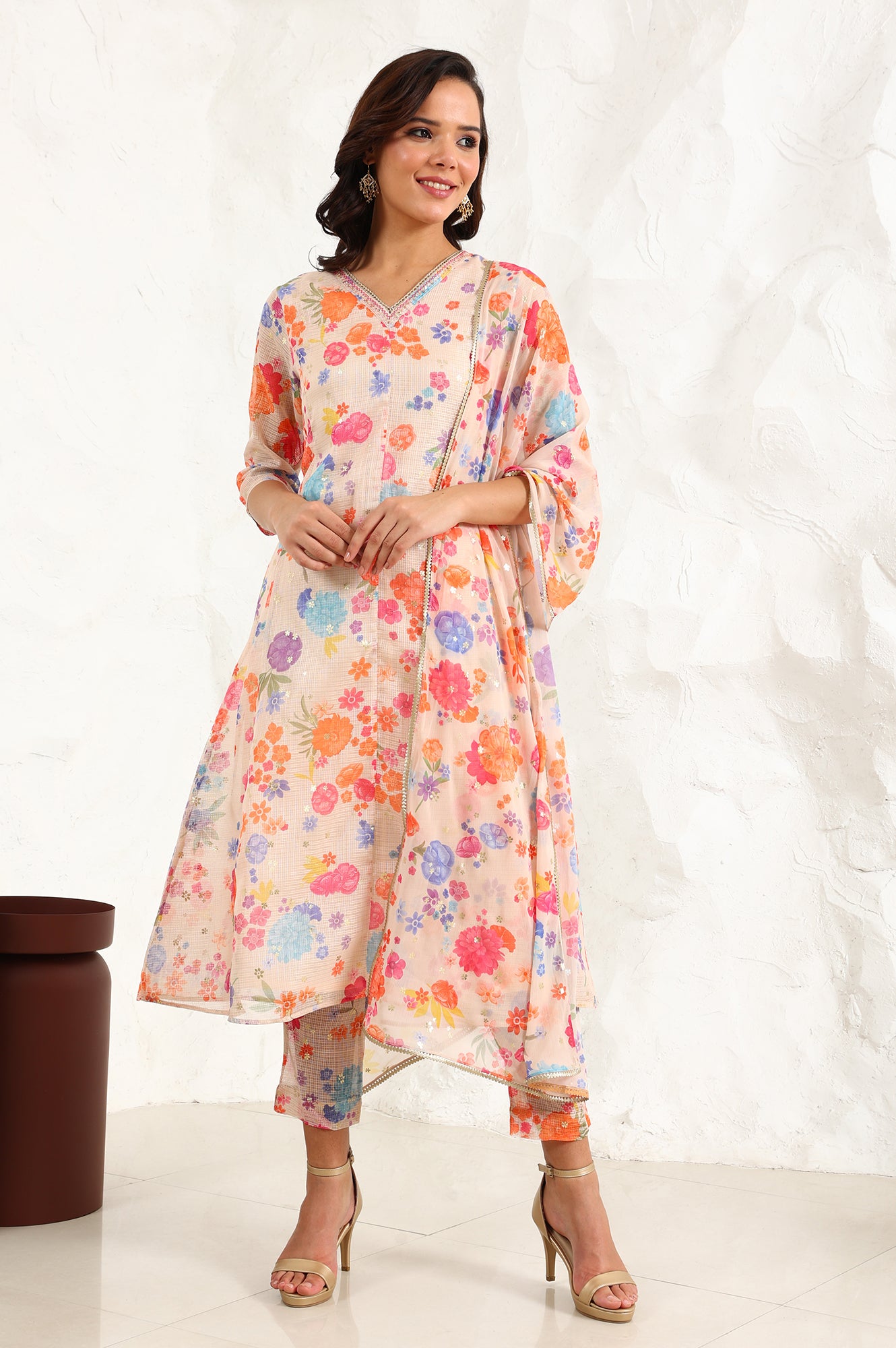 Cream Floral Printed Sequined Kota Flared Kurta, Pants And Dupatta Set - wforwoman