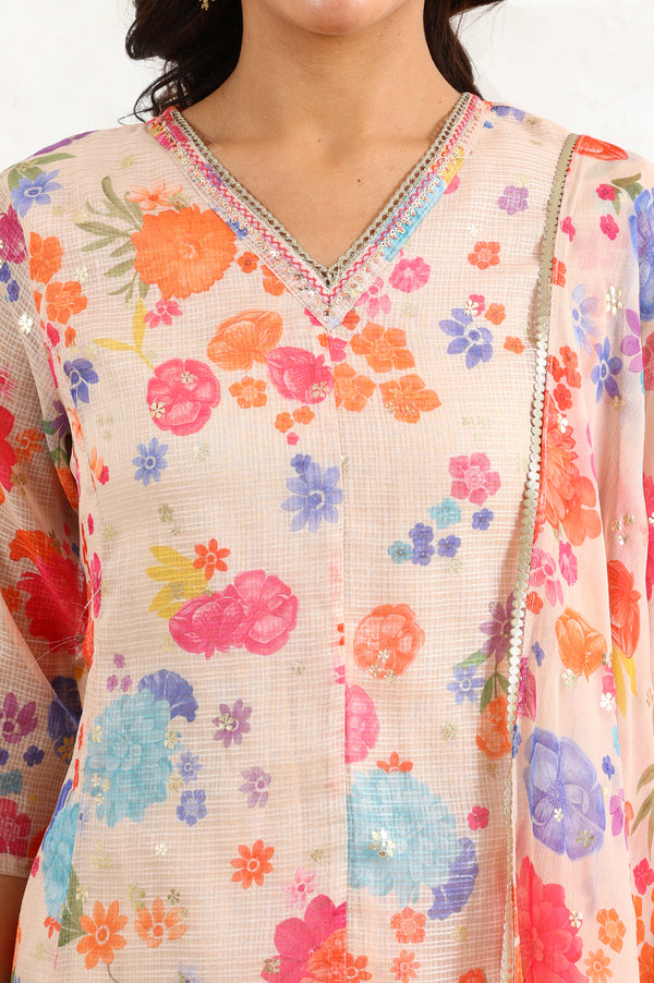Cream Floral Printed Sequined Kota Flared Kurta, Pants And Dupatta Set