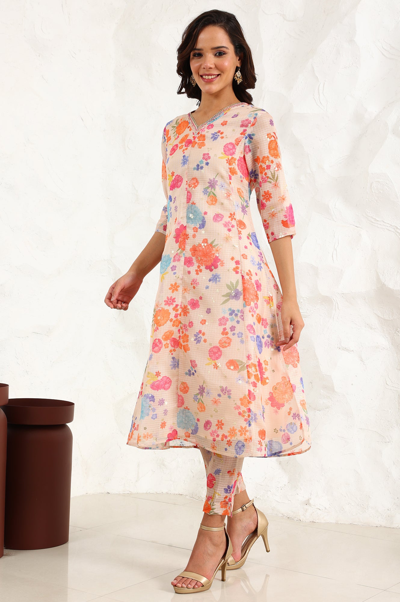 Cream Floral Printed Sequined Kota Flared Kurta, Pants And Dupatta Set - wforwoman