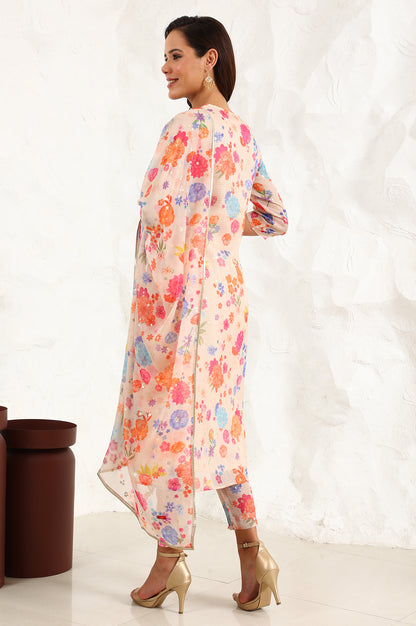 Cream Floral Printed Sequined Kota Flared Kurta, Pants And Dupatta Set - wforwoman