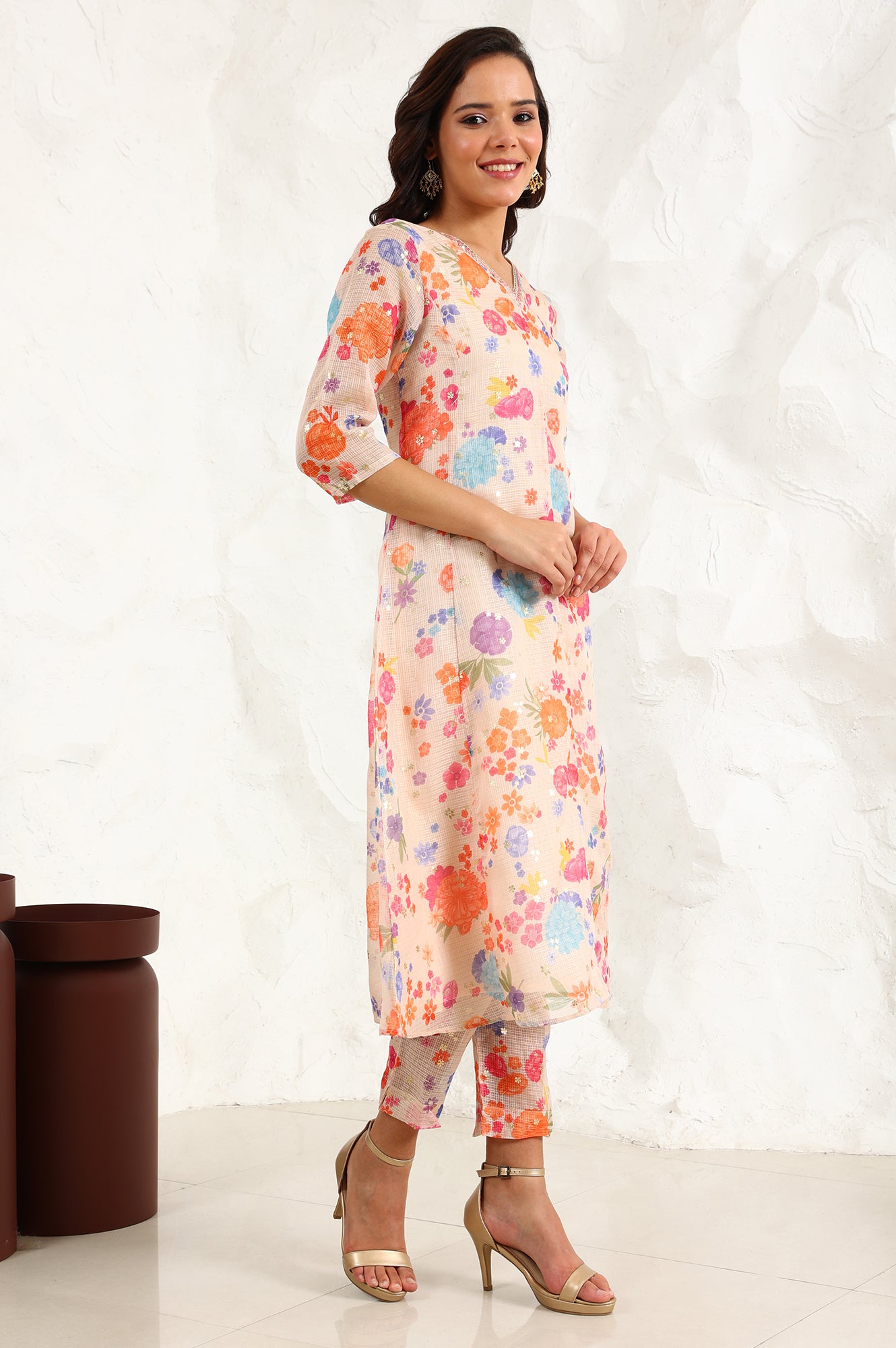 Cream Floral Printed Sequined Kota Flared Kurta, Pants And Dupatta Set - wforwoman