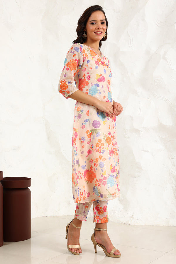 Cream Floral Printed Sequined Kota Flared Kurta, Pants And Dupatta Set