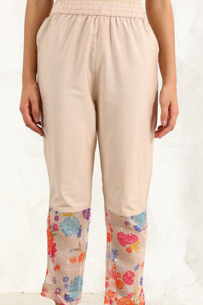 Cream Floral Printed Sequined Kota Flared Kurta, Pants And Dupatta Set