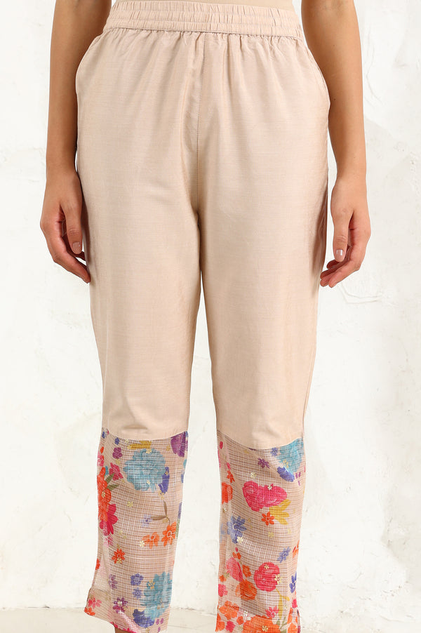 Cream Floral Printed Sequined Kota Flared Kurta, Pants And Dupatta Set