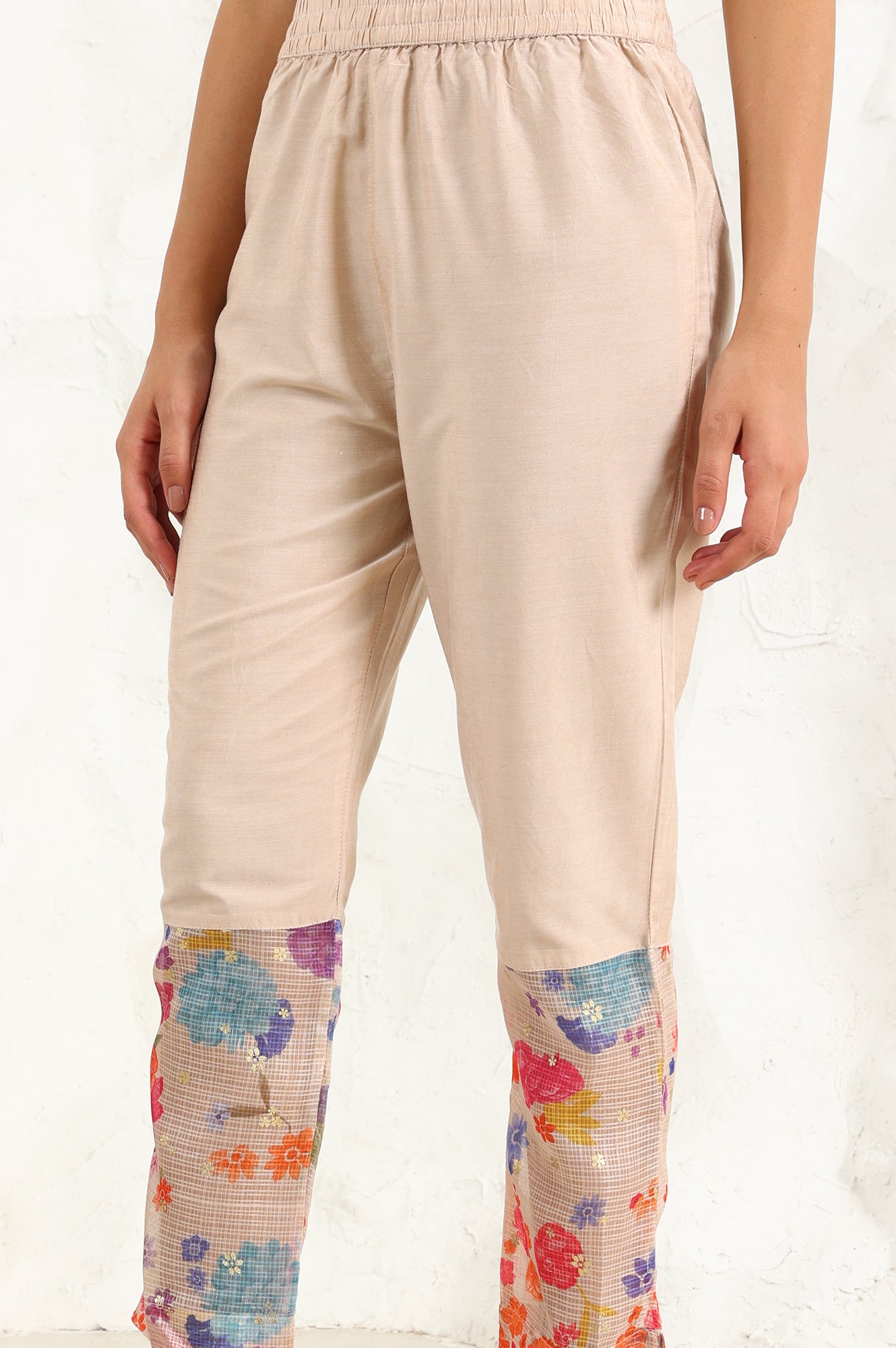 Cream Floral Printed Sequined Kota Flared Kurta, Pants And Dupatta Set