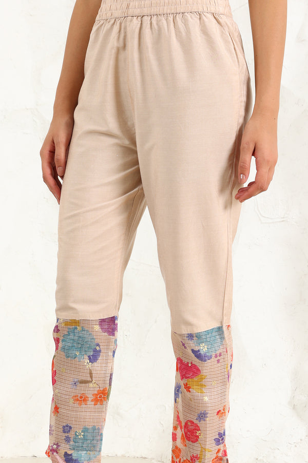 Cream Floral Printed Sequined Kota Flared Kurta, Pants And Dupatta Set