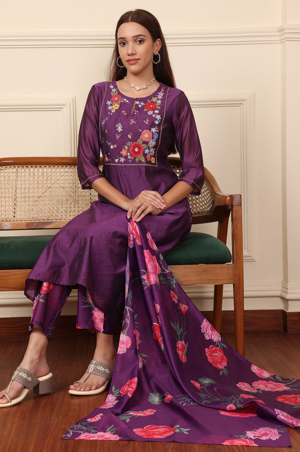 Purple Embroidered Yoke Chanderi Kurta, Pants And Dupatta Set