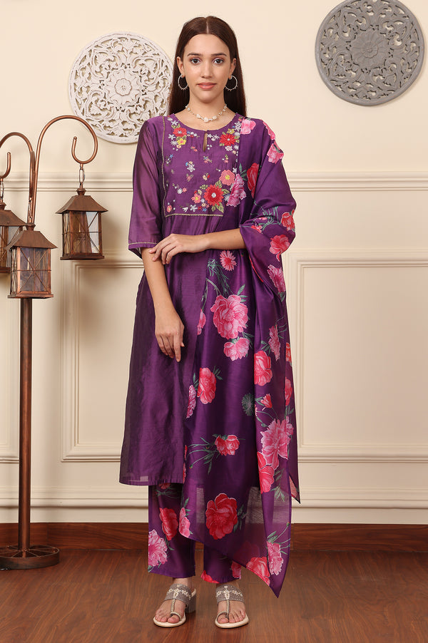 Purple Embroidered Yoke Chanderi Kurta, Pants And Dupatta Set