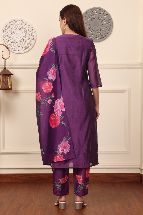 Purple Embroidered Yoke Chanderi Kurta, Pants And Dupatta Set
