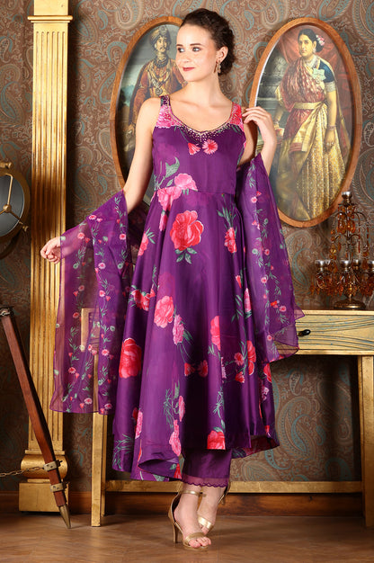 Purple Floral Printed Sequined Circular Flared Kurta, Pants And Dupatta Set