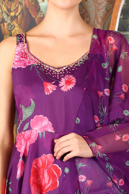 Purple Floral Printed Sequined Circular Flared Kurta, Pants And Dupatta Set