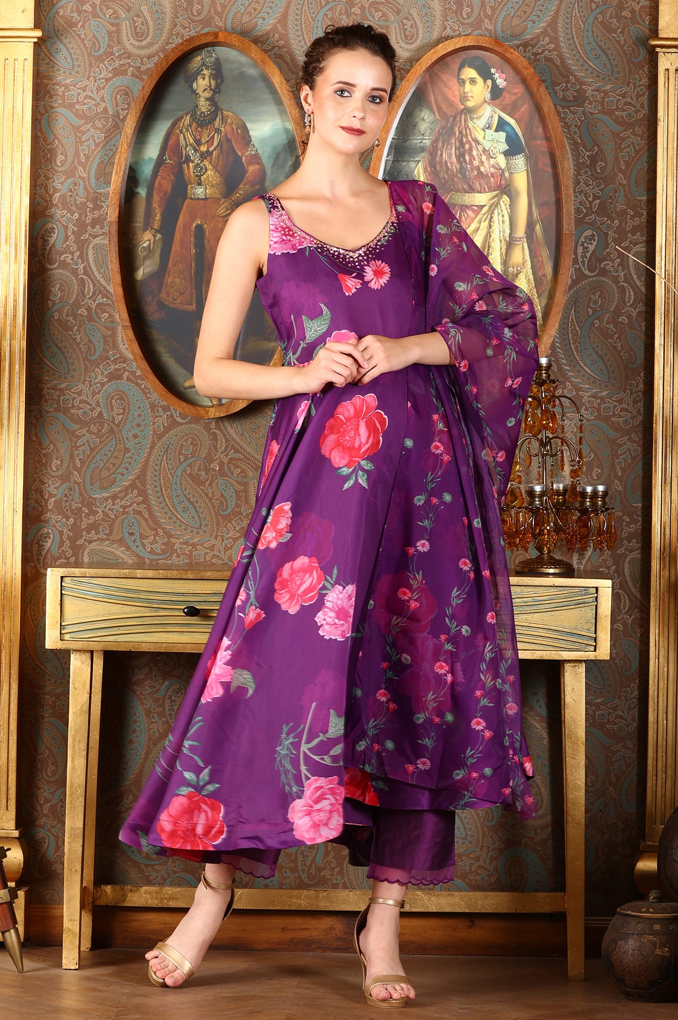 Purple Floral Printed Sequined Circular Flared Kurta, Pants And Dupatta Set