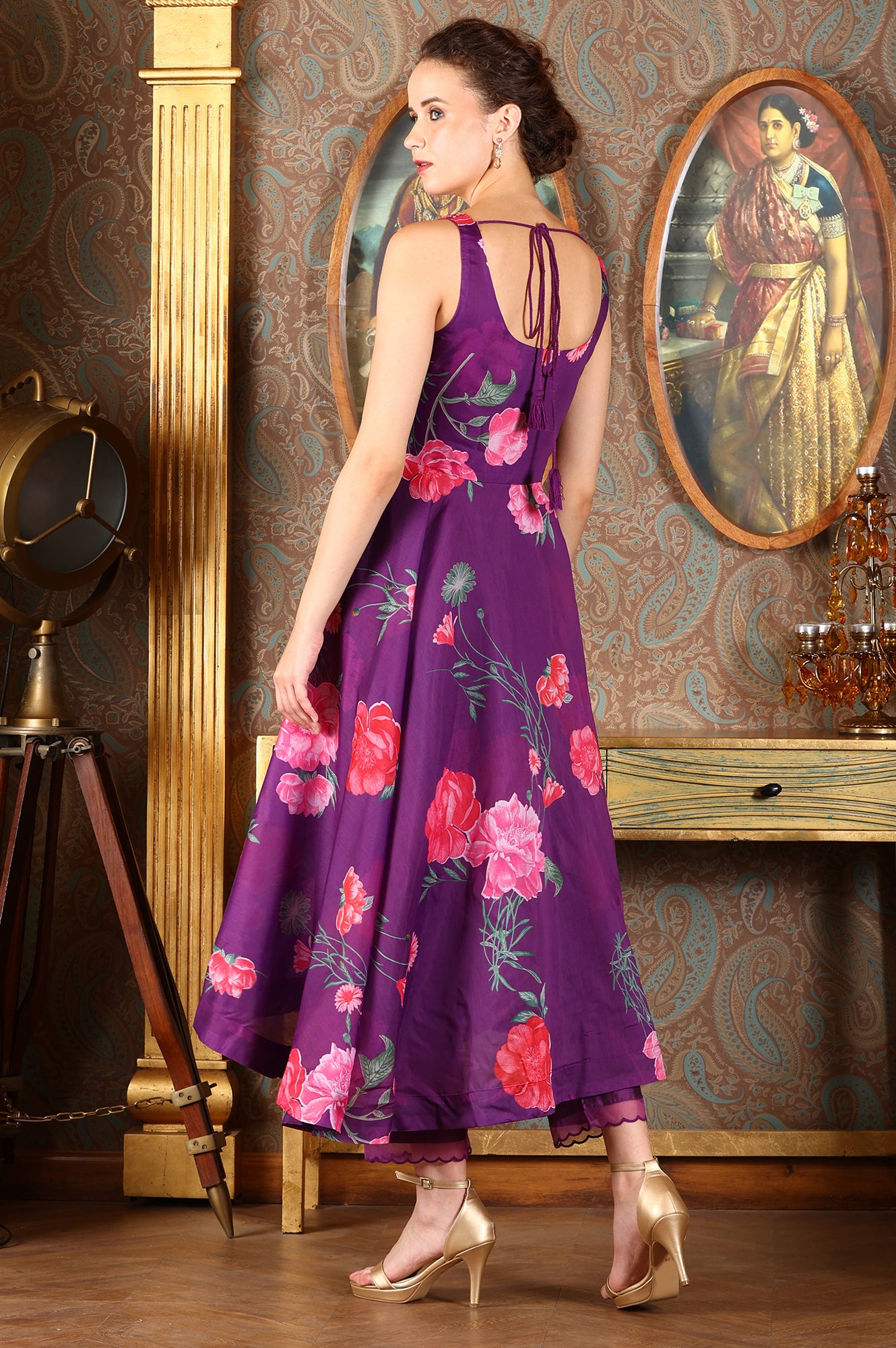 Purple Floral Printed Sequined Circular Flared Kurta, Pants And Dupatta Set