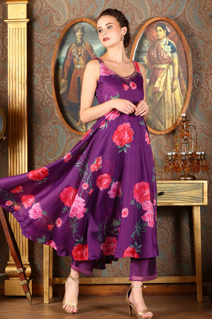 Purple Floral Printed Sequined Circular Flared Kurta, Pants And Dupatta Set