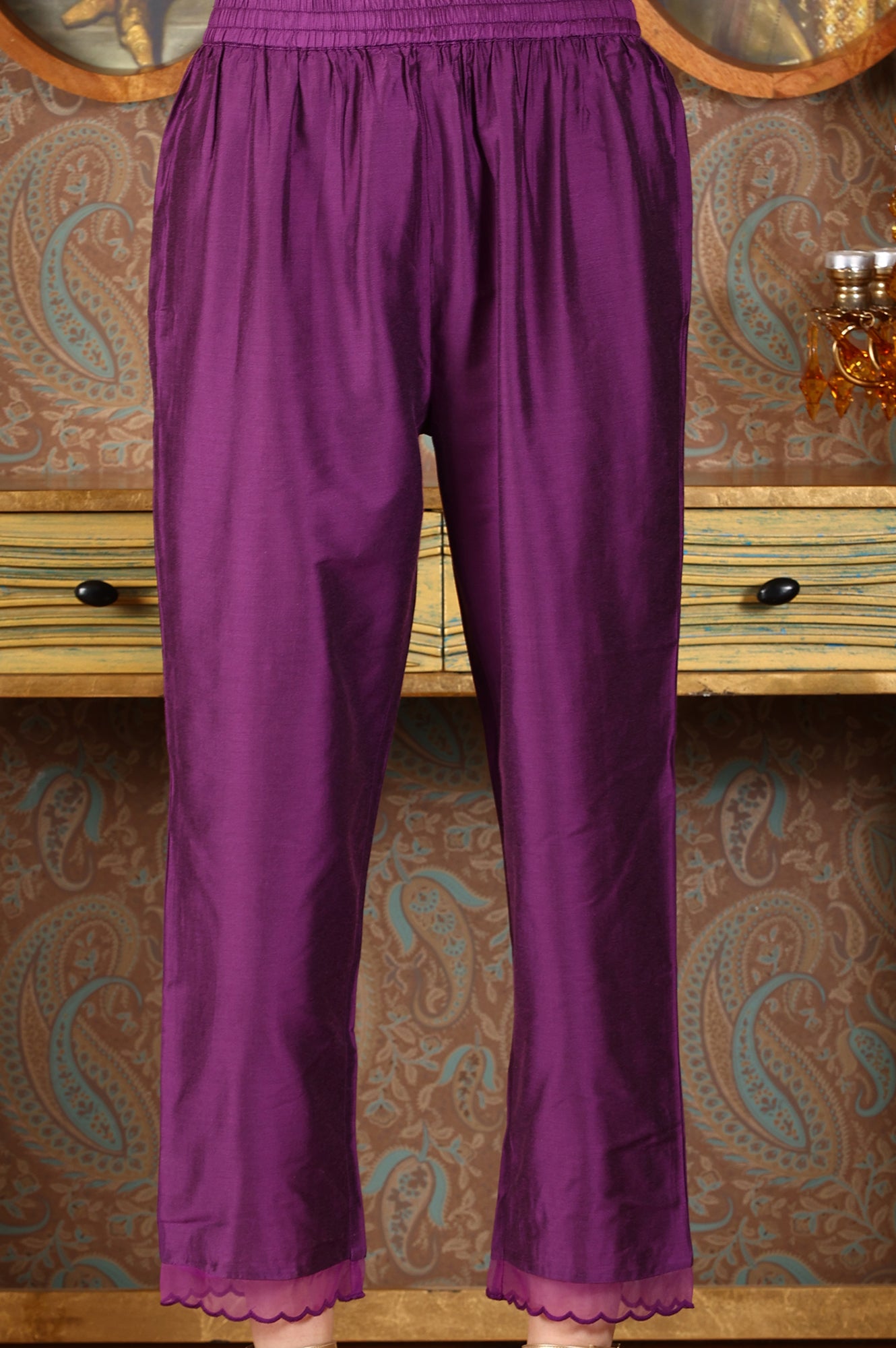 Purple Floral Printed Sequined Circular Flared Kurta, Pants And Dupatta Set