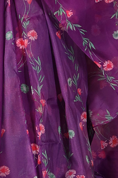 Purple Floral Printed Sequined Circular Flared Kurta, Pants And Dupatta Set