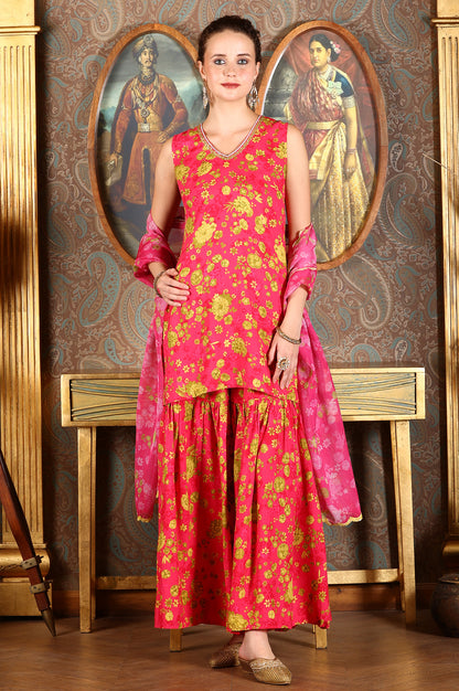 Pink Floral Printed Sleeveless Short Kurta, Sharara And Dupatta Set