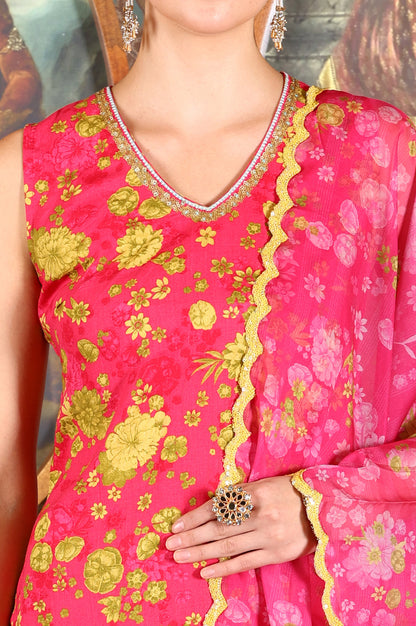 Pink Floral Printed Sleeveless Short Kurta, Sharara And Dupatta Set