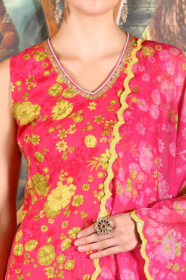 Pink Floral Printed Sleeveless Short Kurta, Sharara And Dupatta Set