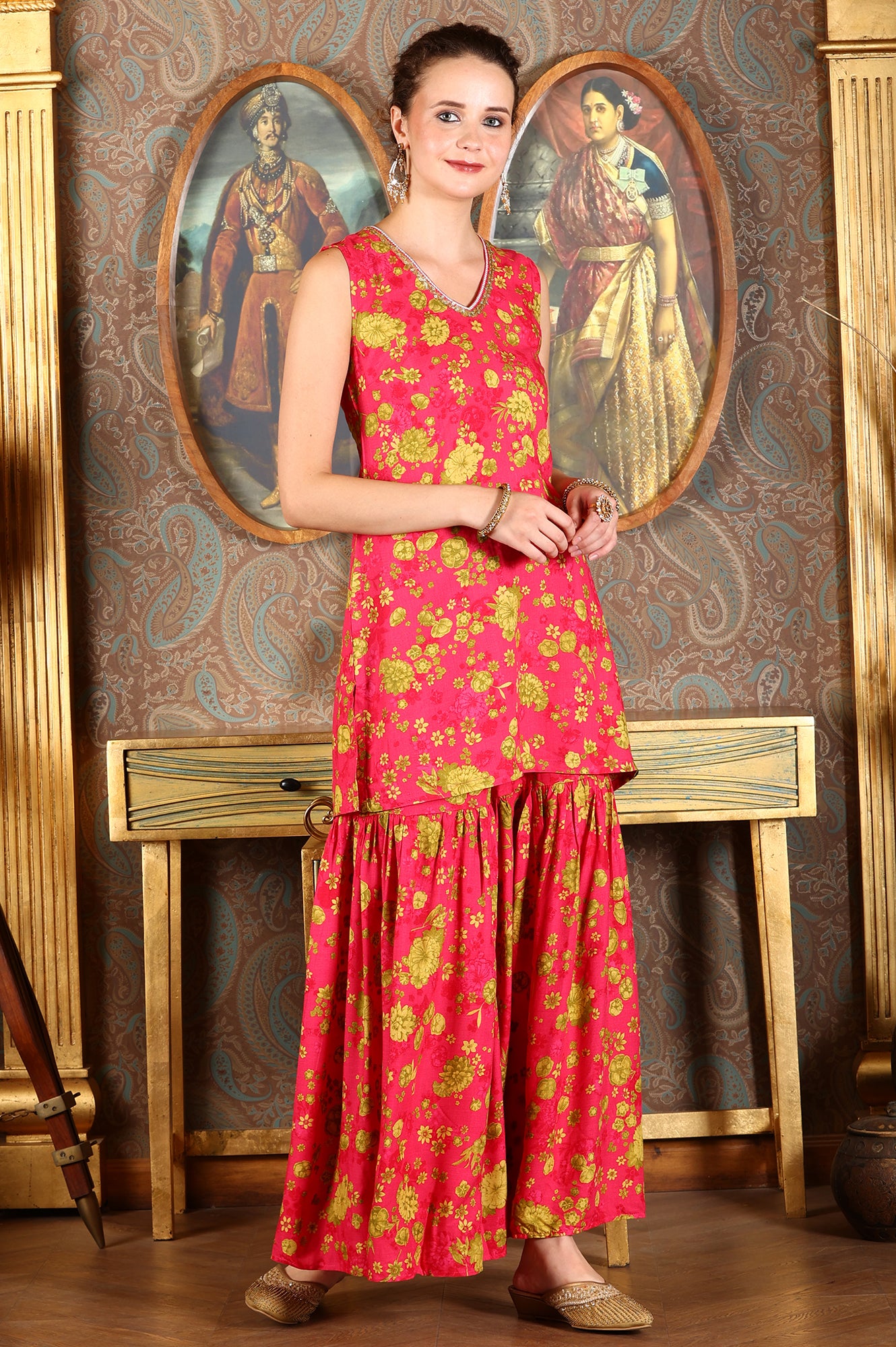 Pink Floral Printed Sleeveless Short Kurta, Sharara And Dupatta Set