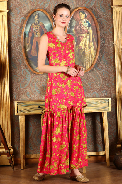 Pink Floral Printed Sleeveless Short Kurta, Sharara And Dupatta Set