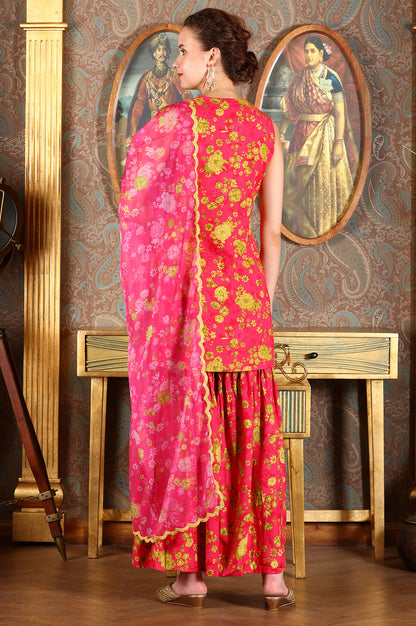 Pink Floral Printed Sleeveless Short Kurta, Sharara And Dupatta Set