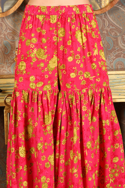 Pink Floral Printed Sleeveless Short Kurta, Sharara And Dupatta Set