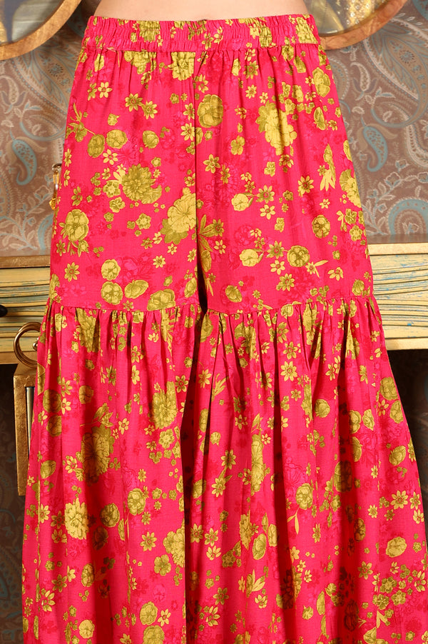 Pink Floral Printed Sleeveless Short Kurta, Sharara And Dupatta Set